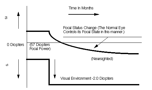 Graph of the focal-change characteristic of a natural eye
    when it is presented with a sudden negative change in
    its average visual environment.